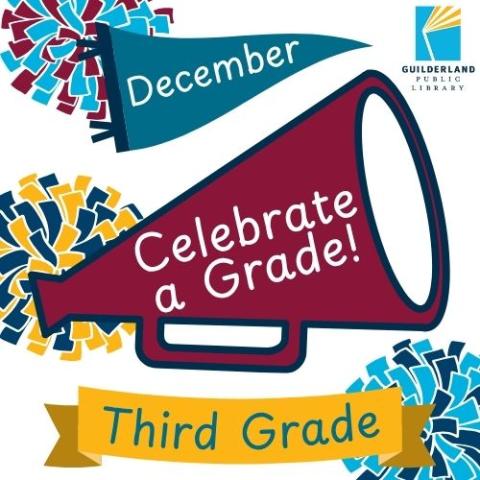 Megaphone with the words "Celebrate a Grade" on it. Surrouned by pom poms.