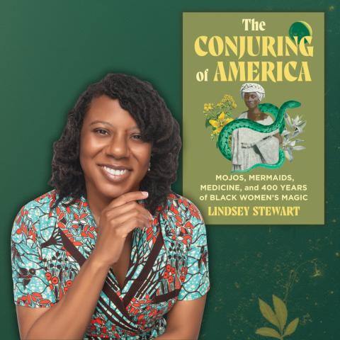 Photo of Dr. Lindsey Stewart smiling alongside the cover of her book 'The Conjuring of America'