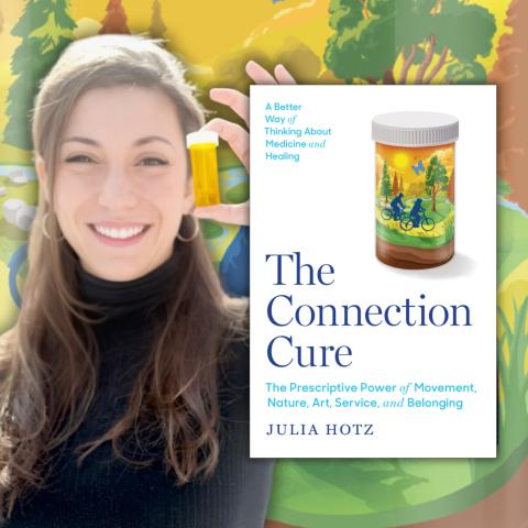 Photo of author Julia Hotz smiling alongside the cover of her book, 'The Connection Cure'