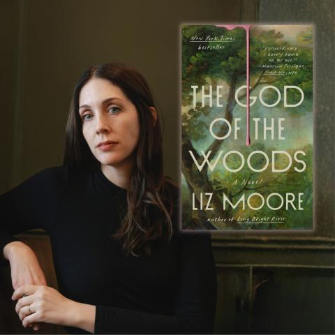 Photo of author Liz Moore alongside the cover of her book 'The God of the Woods'