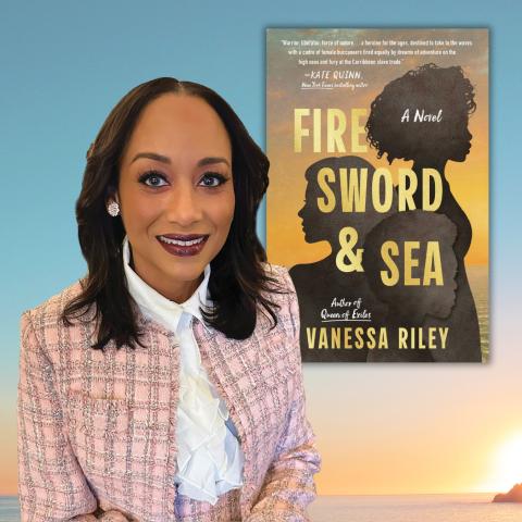Photo of author Vanessa Riley smiling alongside the cover of her book 'Fire Sword and Sea'