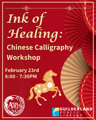 Red background with gold lettering and featuring a golden horse in the center to celebrate Lunar New Year