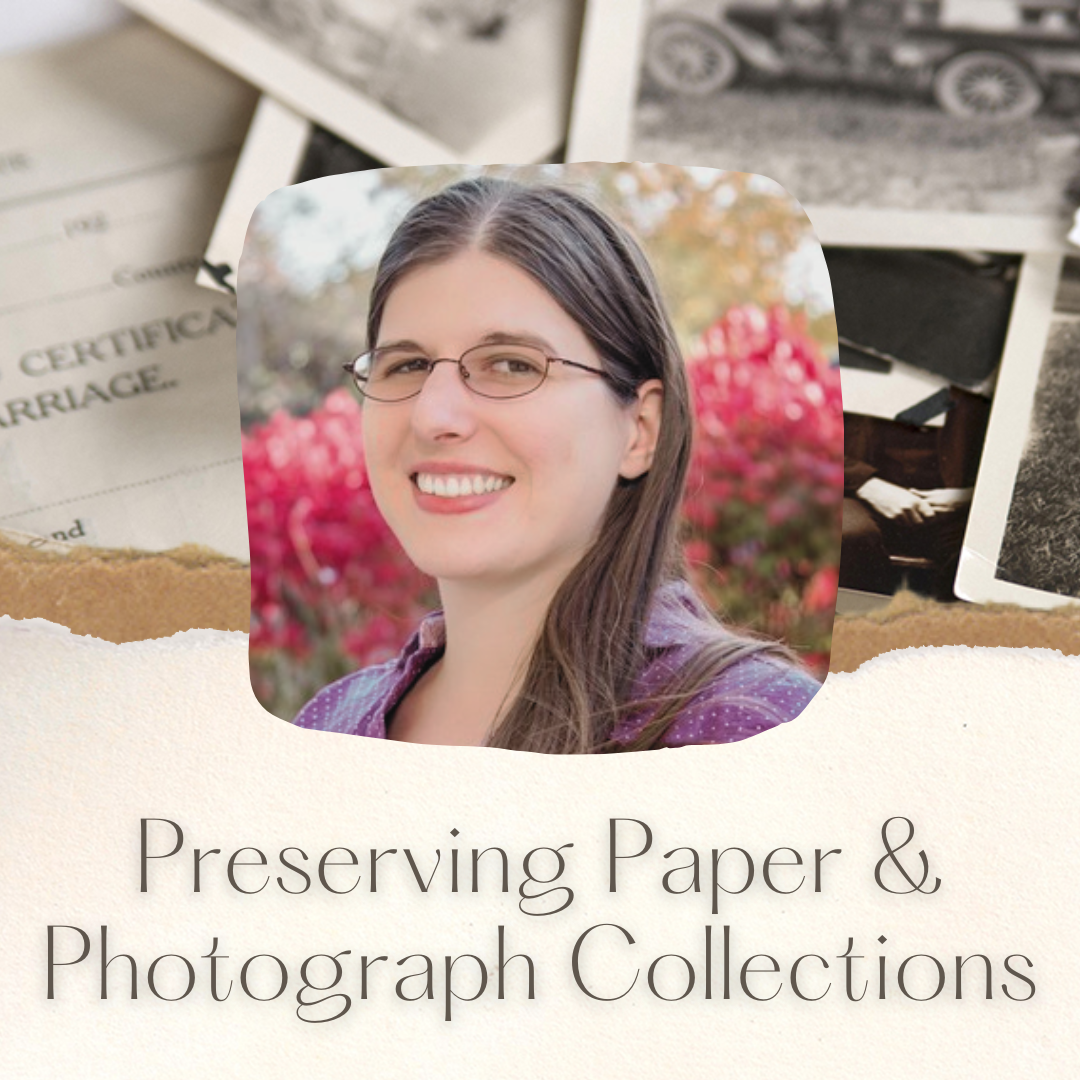 Photo of presenter, Marietta Carr, over a photograph of old papers and title of program