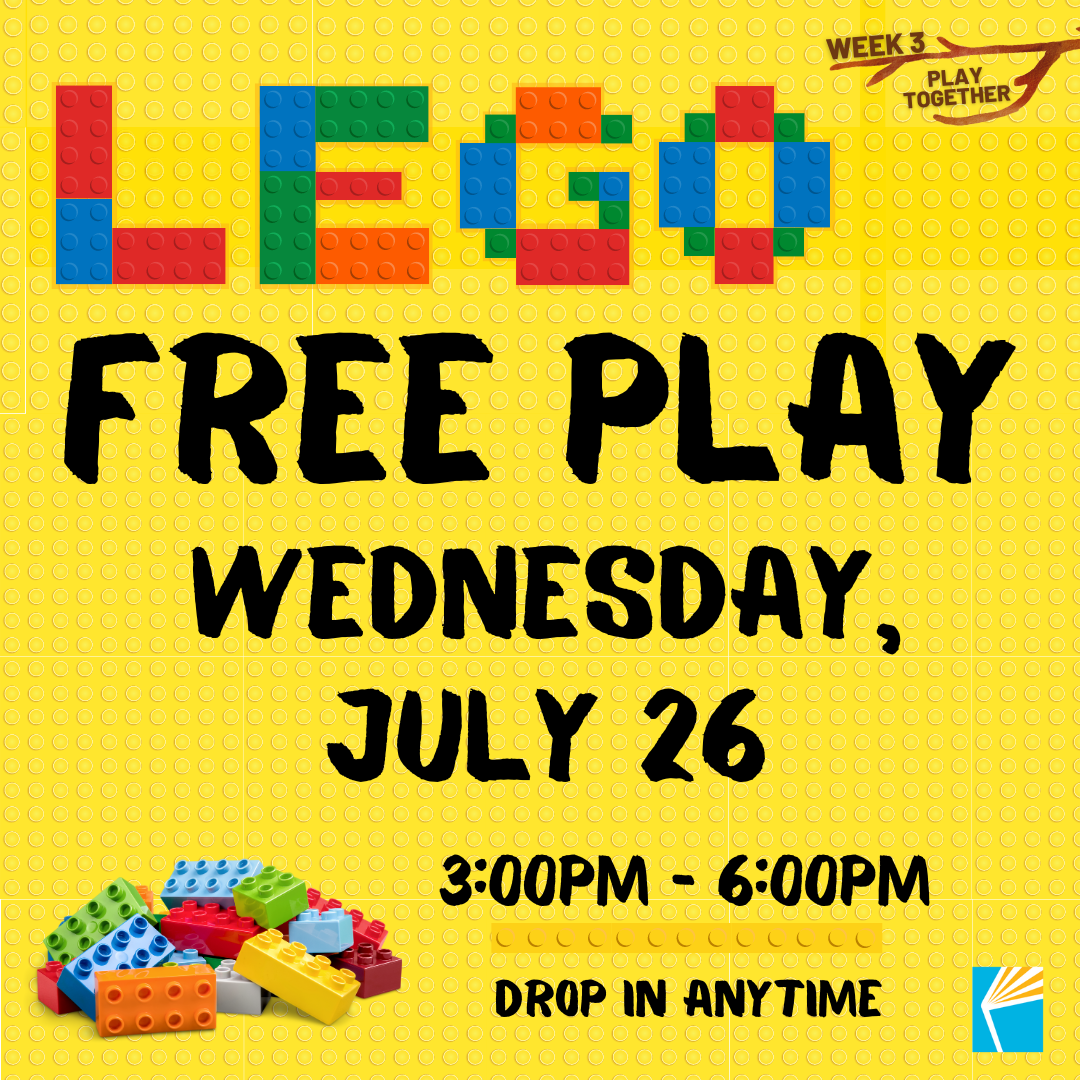 LEGO Free Play promo image with pile of LEGO bricks. States date and time of program. 