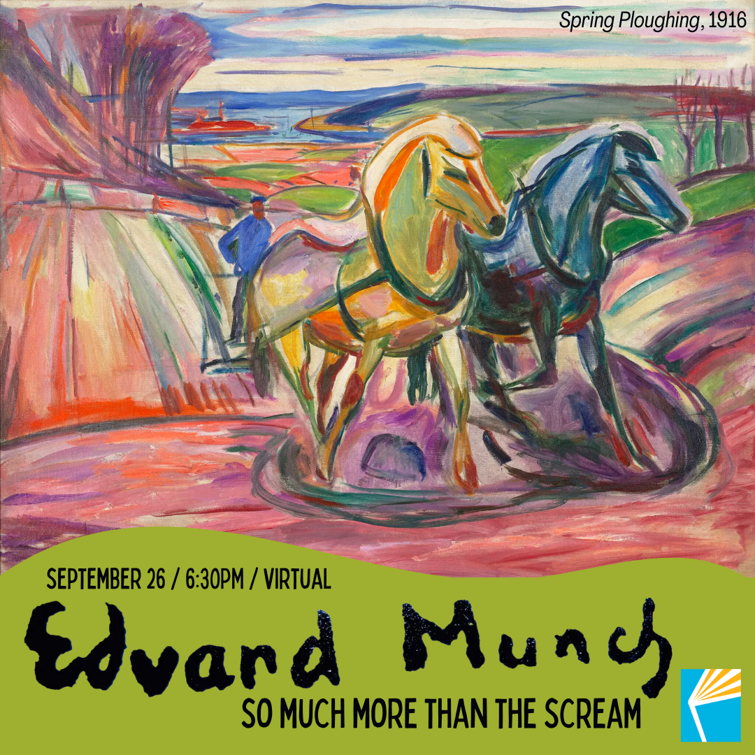 Painting of two horses ploughing with Edvard Munch's signature below