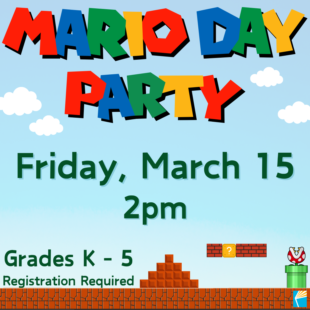 Mario Day Party promo image. Sky background with clouds. Mario level.