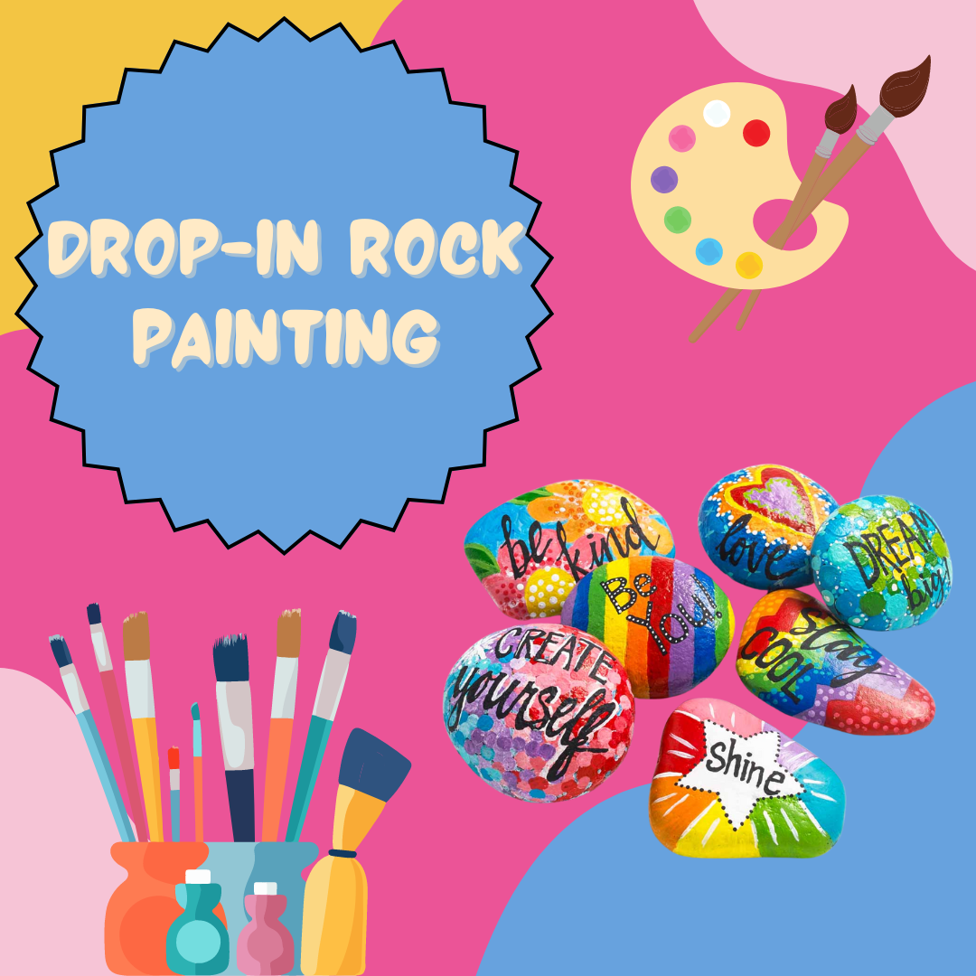 Drop-in Rock Painting promotional image with painted rocks and paintbrushes and many colors