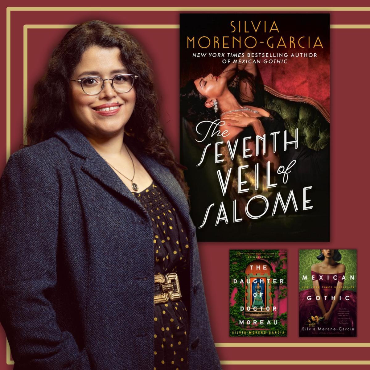 Photo of author Silvia Moreno-Garcia smiling alongside the covers of her books