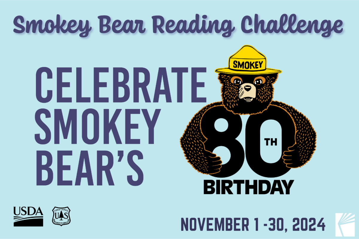 "Smokey Bear Reading Challenge: Celebrate Smokey Bear's 80th Birthday." Smokey Bear is hugging the number 80.