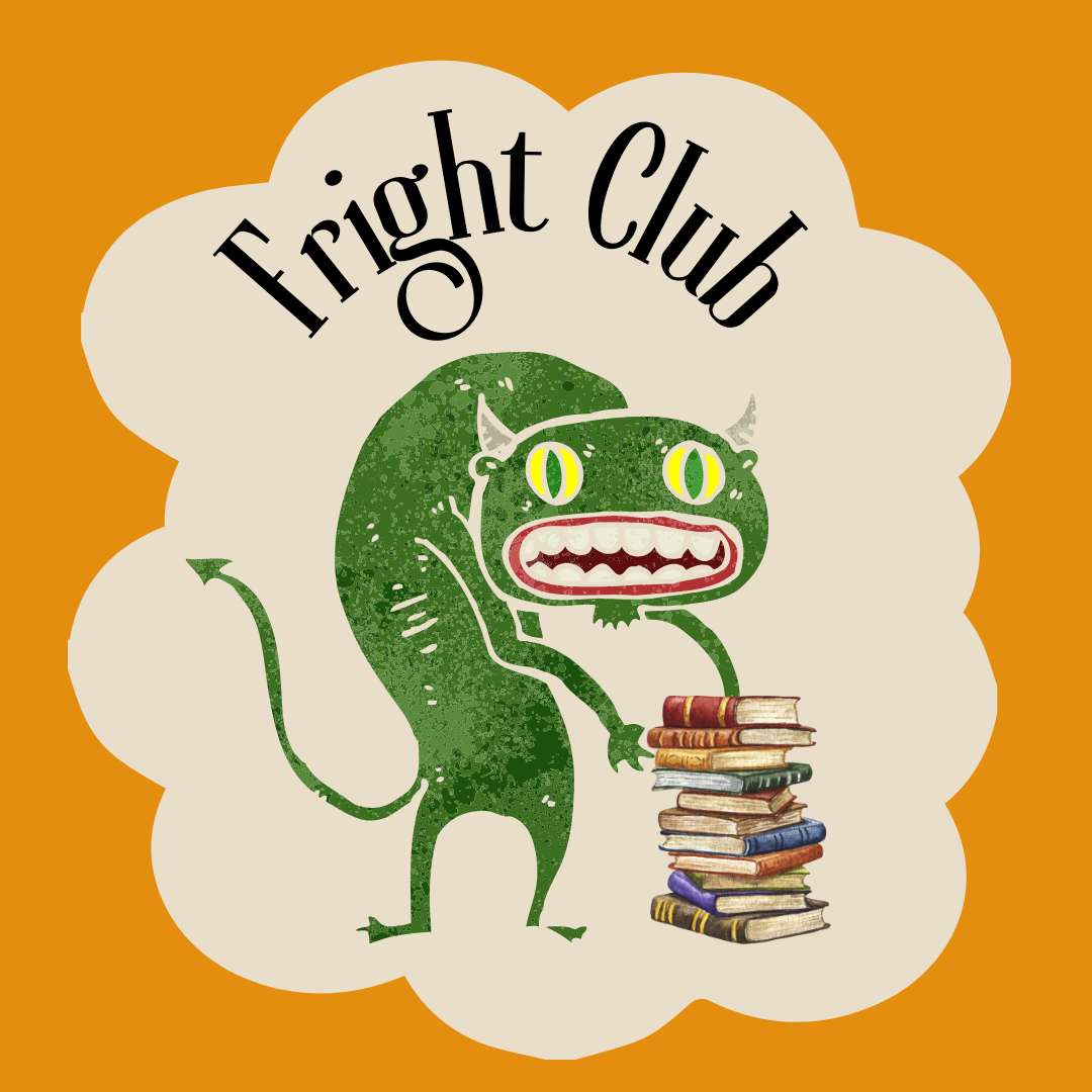 Fright club logo: a creature with a stack of books