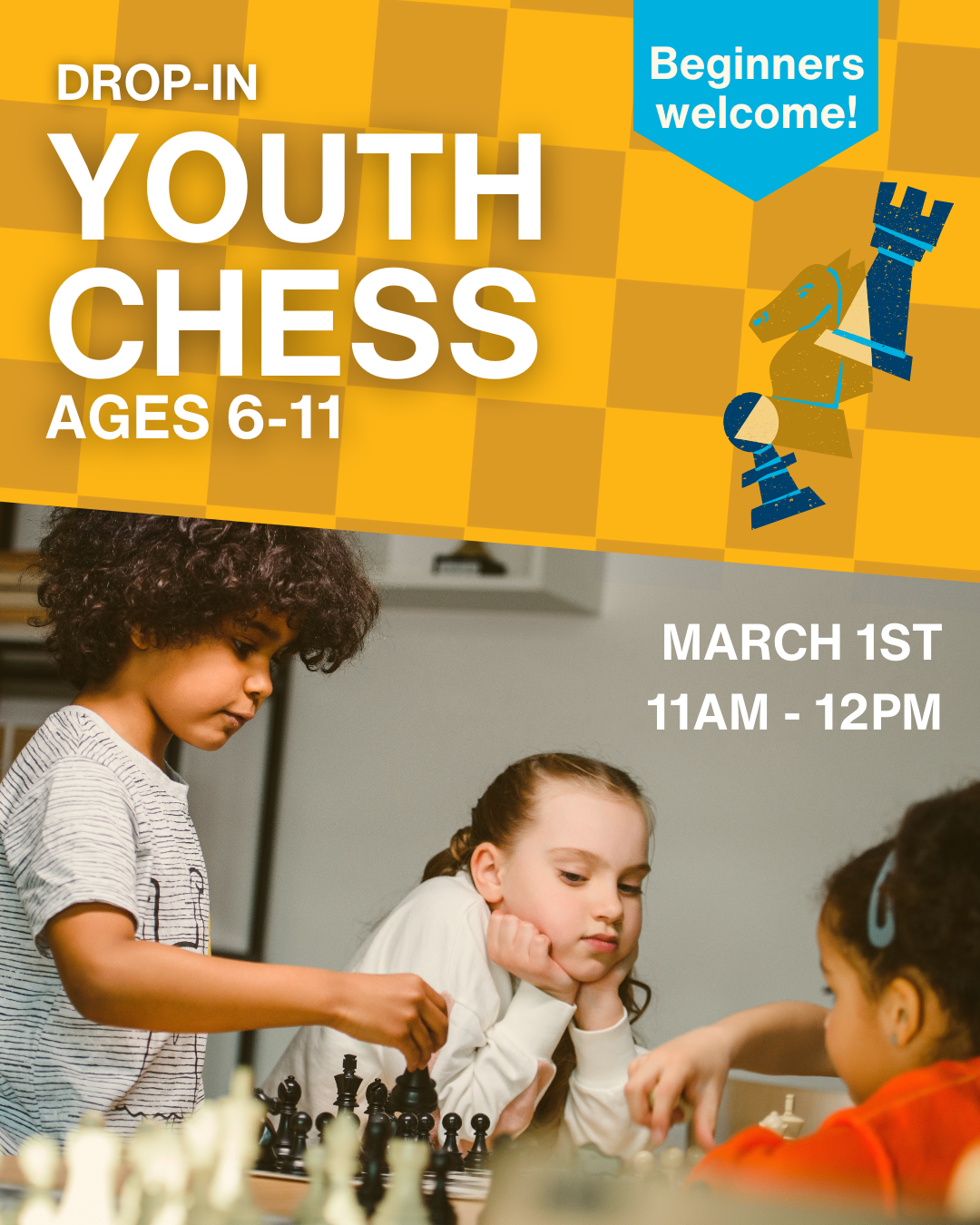 Drop-In Youth Chess, Ages 6-11, March 1st 11am - 12pm, Beginner's Welcome