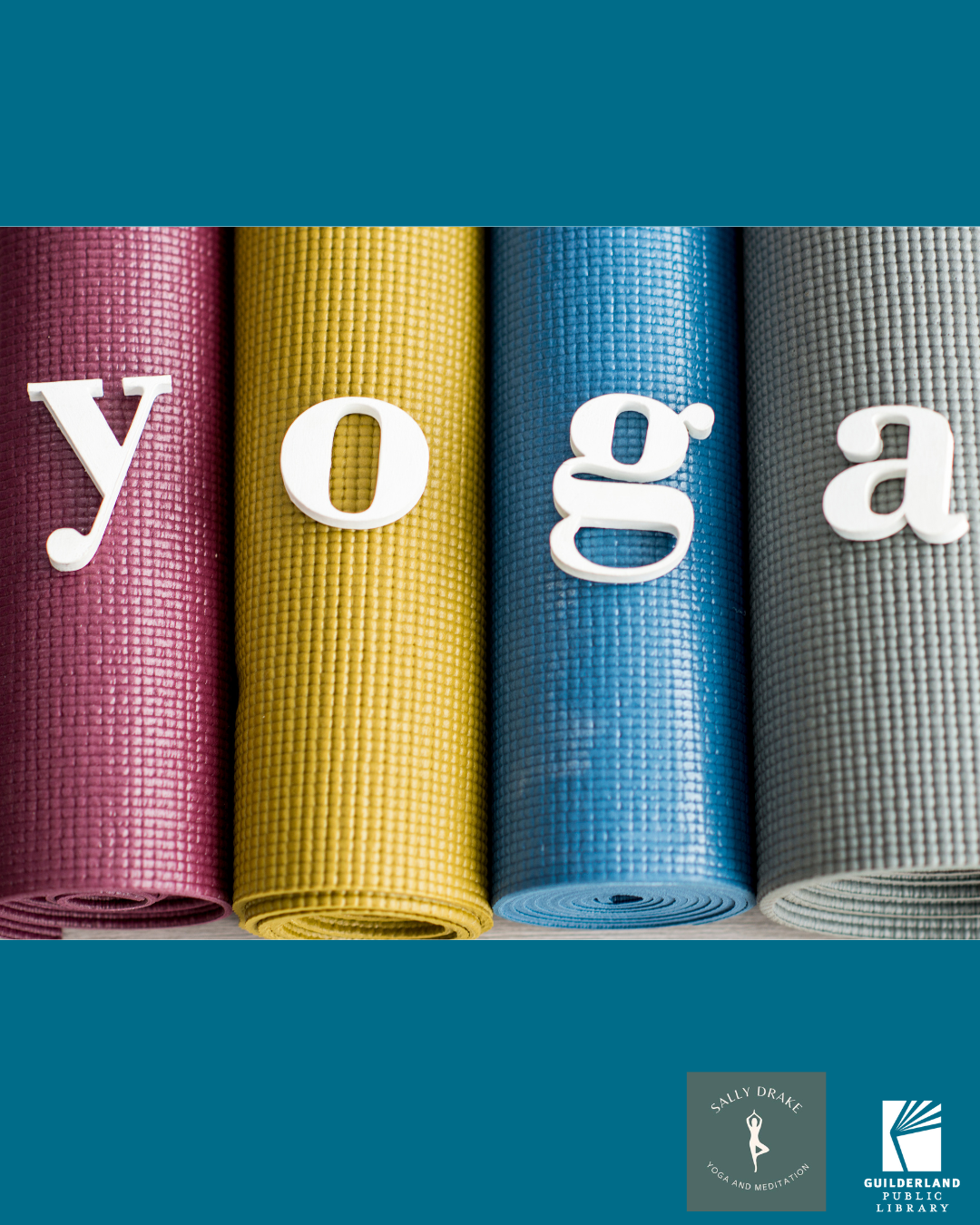 red yellow blue gray yoga mats rolled up with white letters spelling yoga 