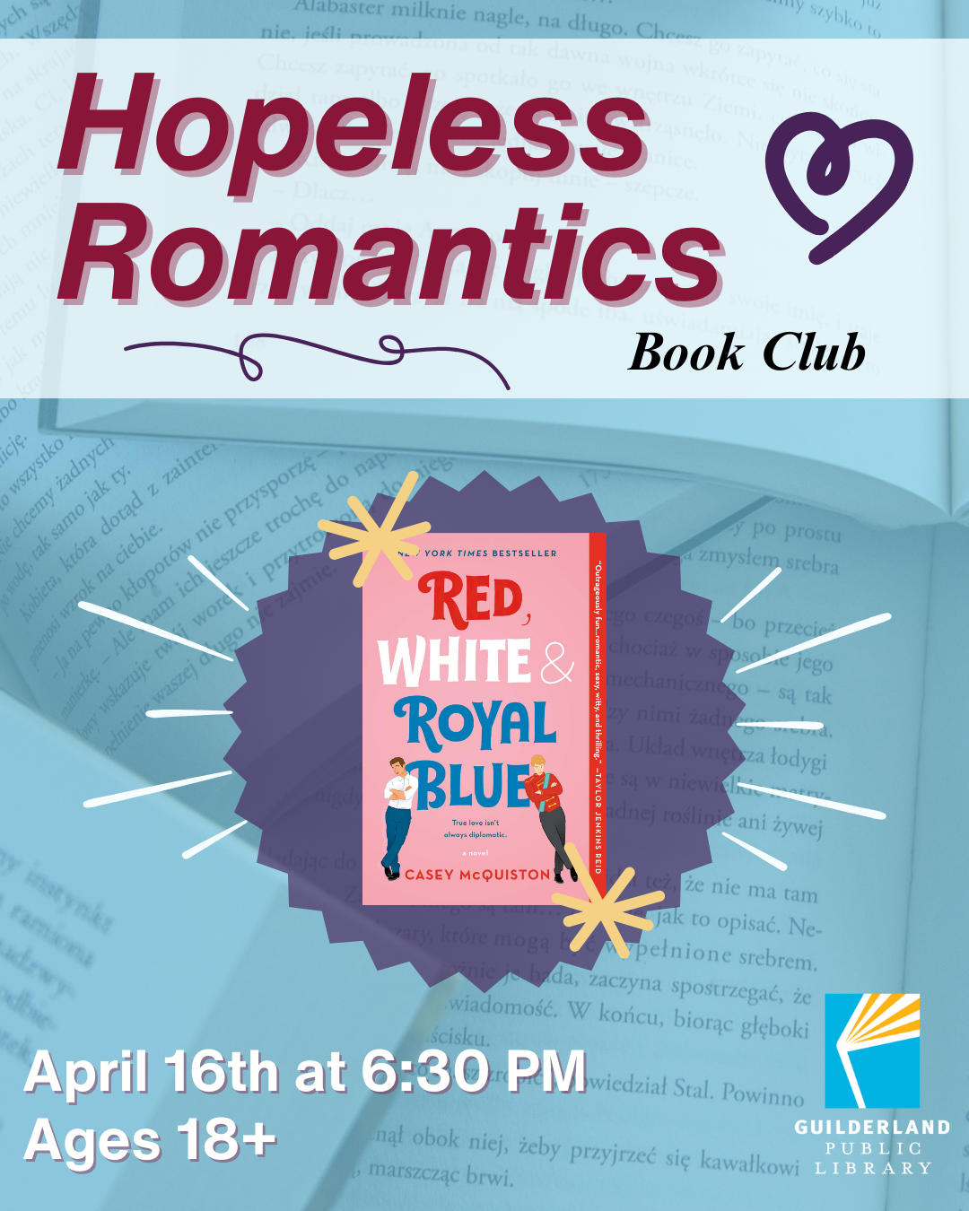 Hopeless Romantics Book Club April 16th at 6:30PM, books on the image