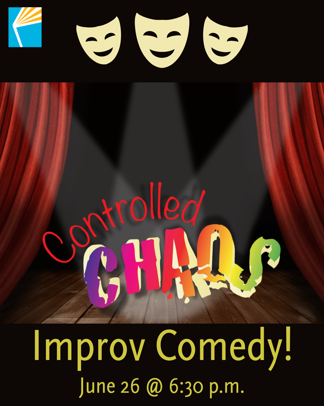 theatre curtains and spotlight showing the logo for Controlled Chaos Improve Comedy