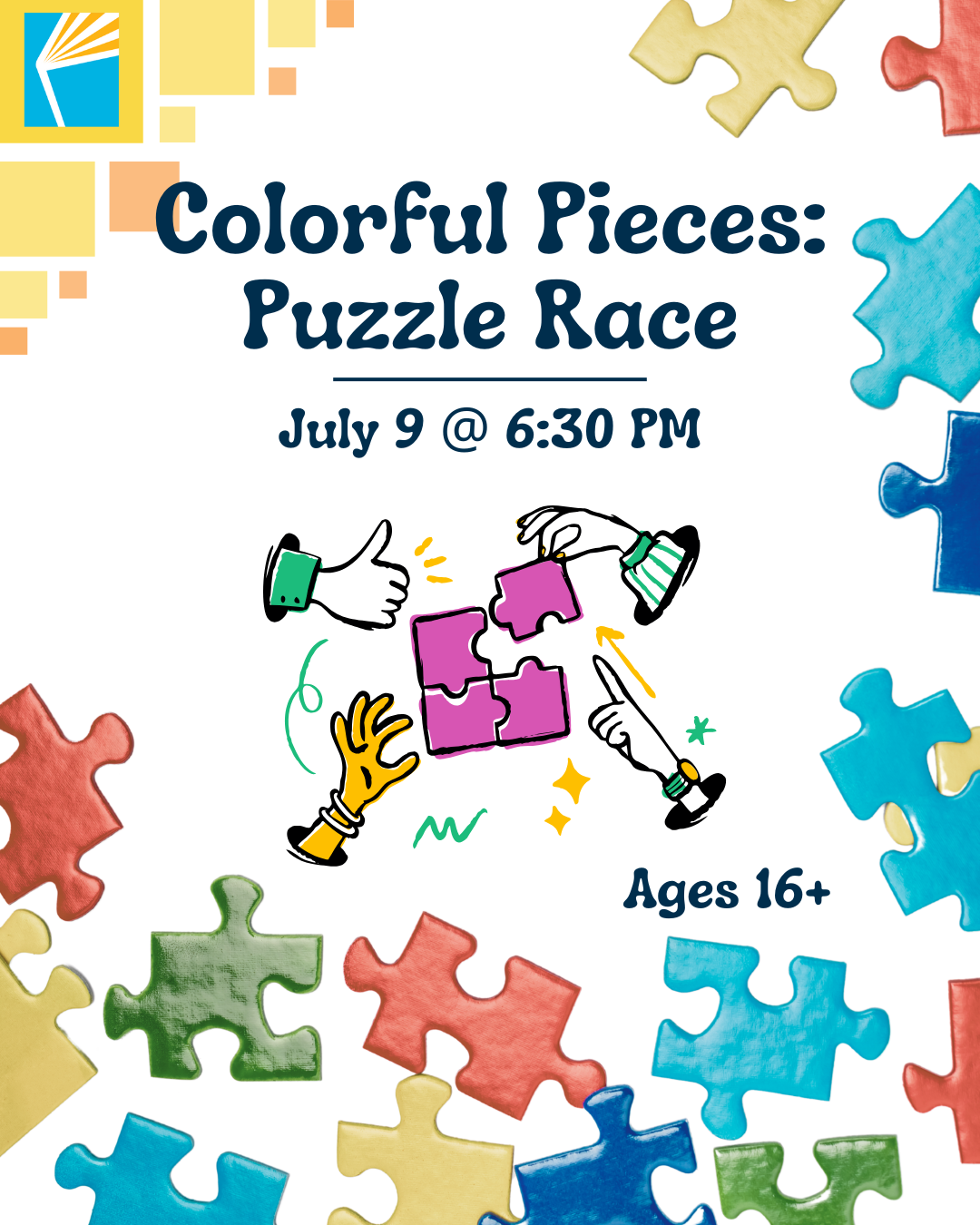 puzzle pieces scattered on a page with hands pointing to where the pieces should go