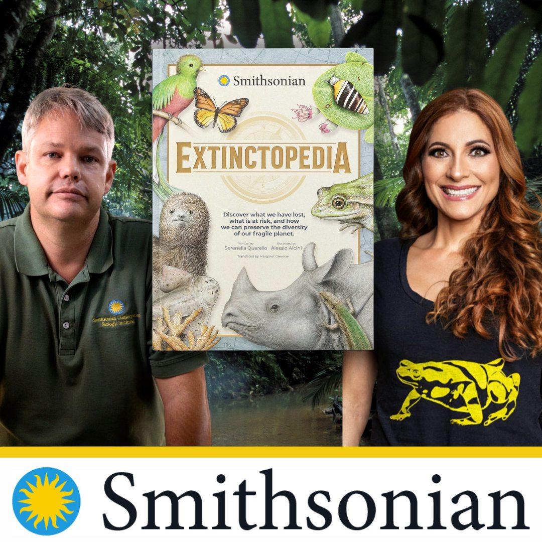 Photo of Smithsonian Scientists alongside the cover of the Book 'Extinctopedia'