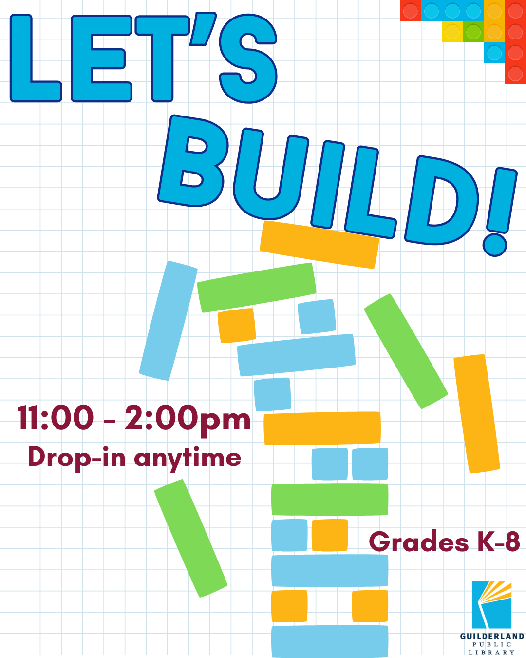 Jenga clock tower with words "Let's Build"