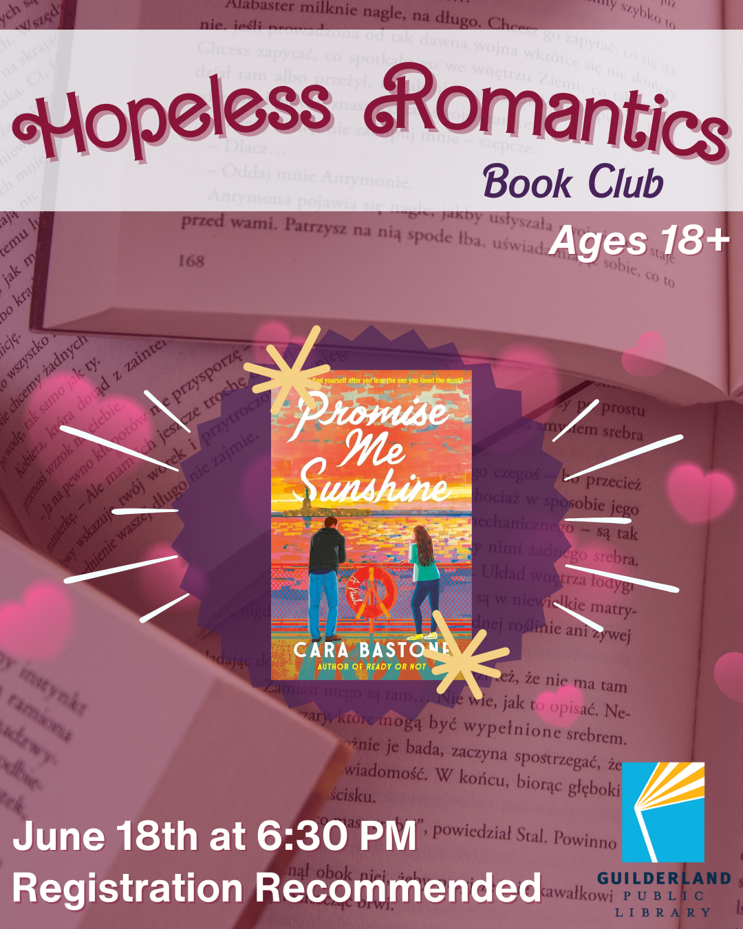 Hopeless Romantics Book Club, Promise Me Sunshine, June 18th at 6:30PM, Ages 18+