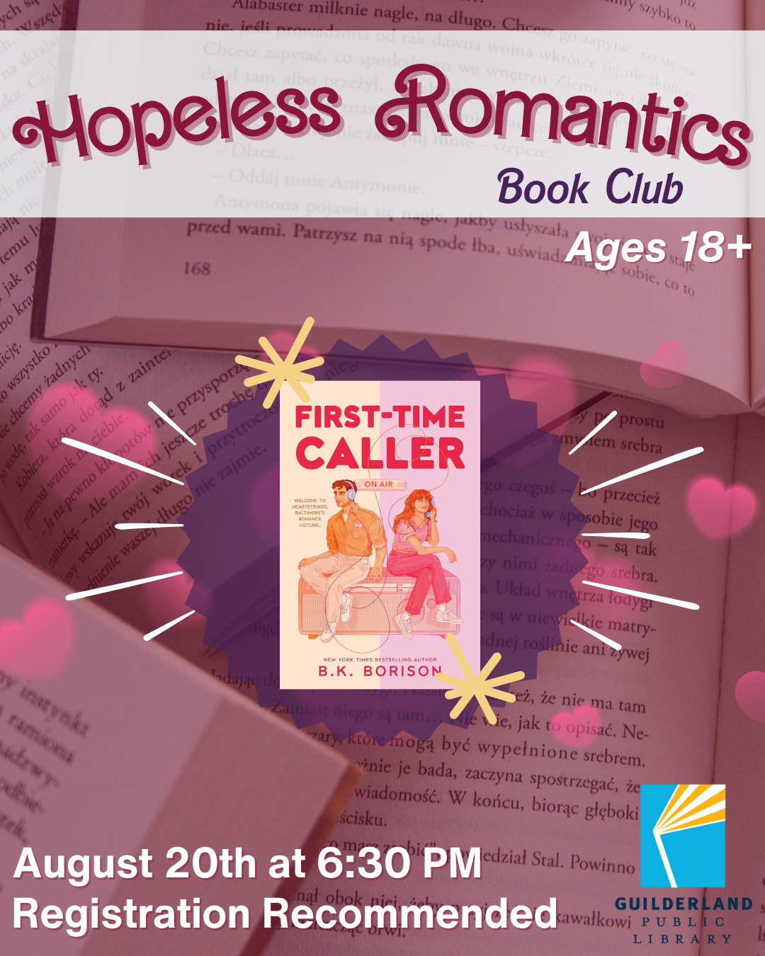 Hopeless Romantics Book Club Ages 18+, August 20th at 6:30PM, Registration recommended
