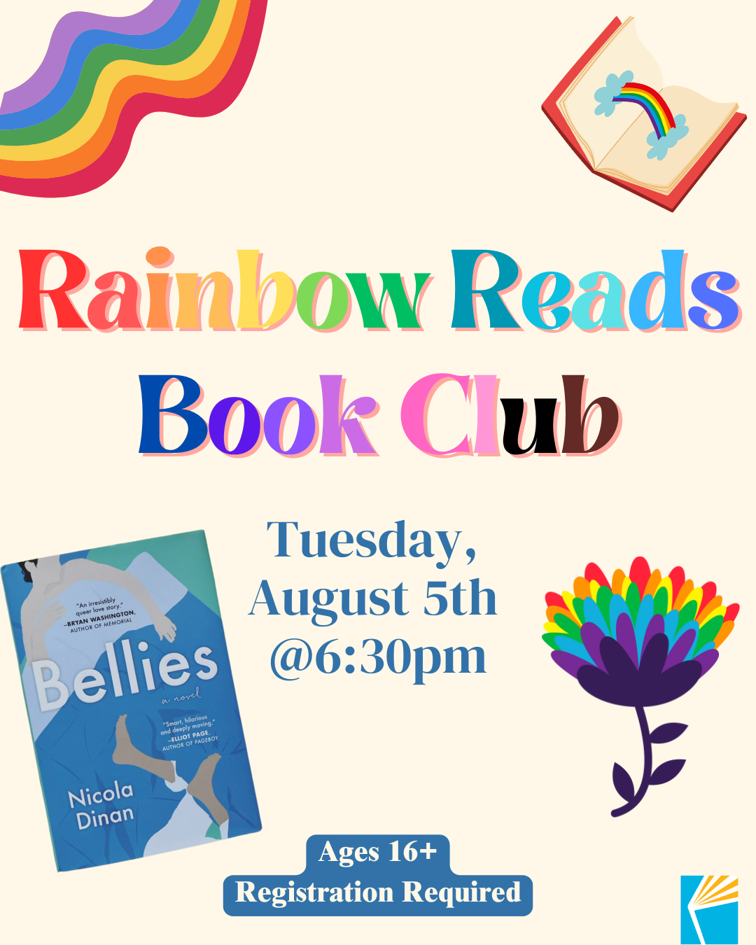 Graphic for Rainbow Reads Book club featuring the book cover for August 'Bellies'