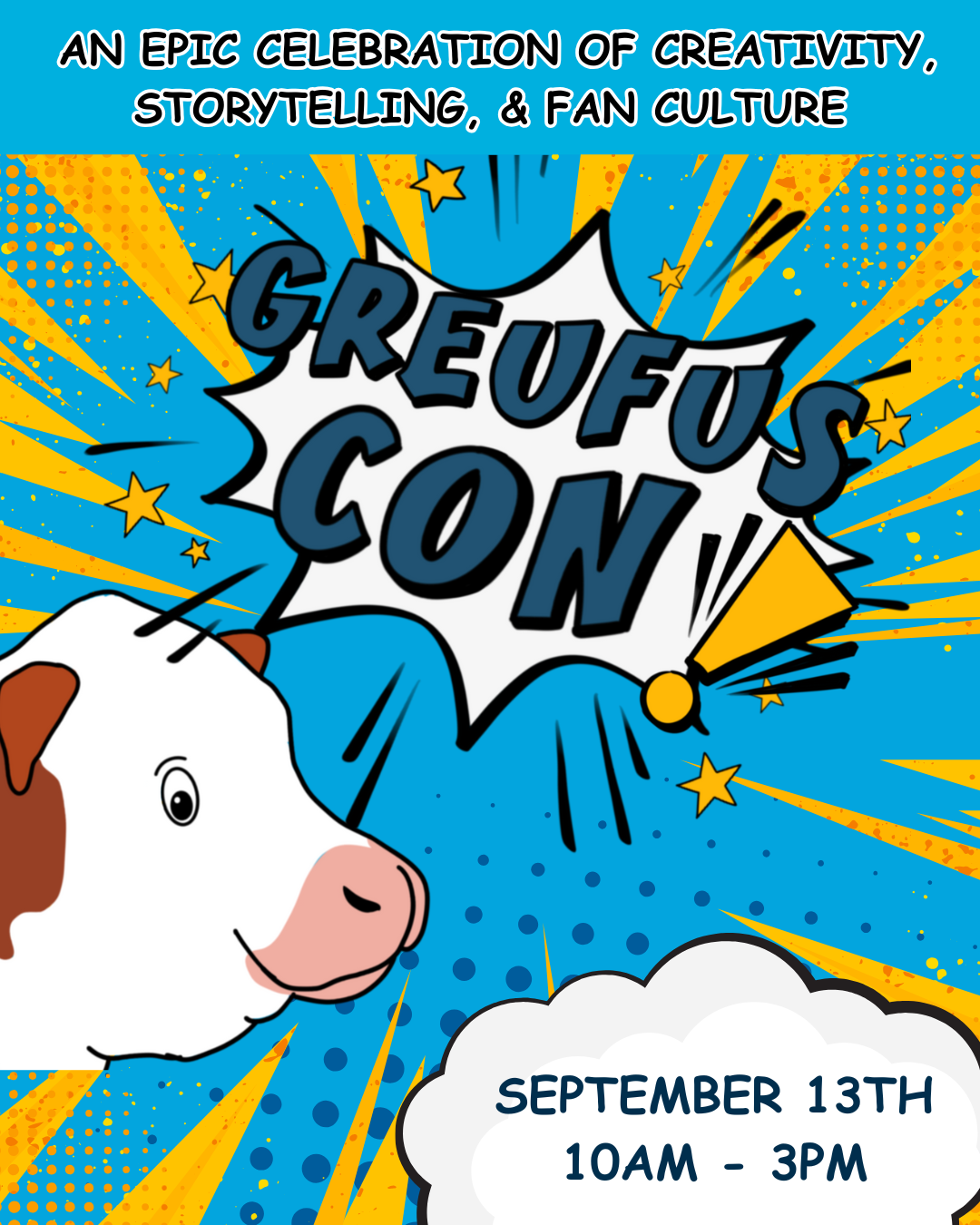Cow in the left corner with the words "Greufus Con" in bold