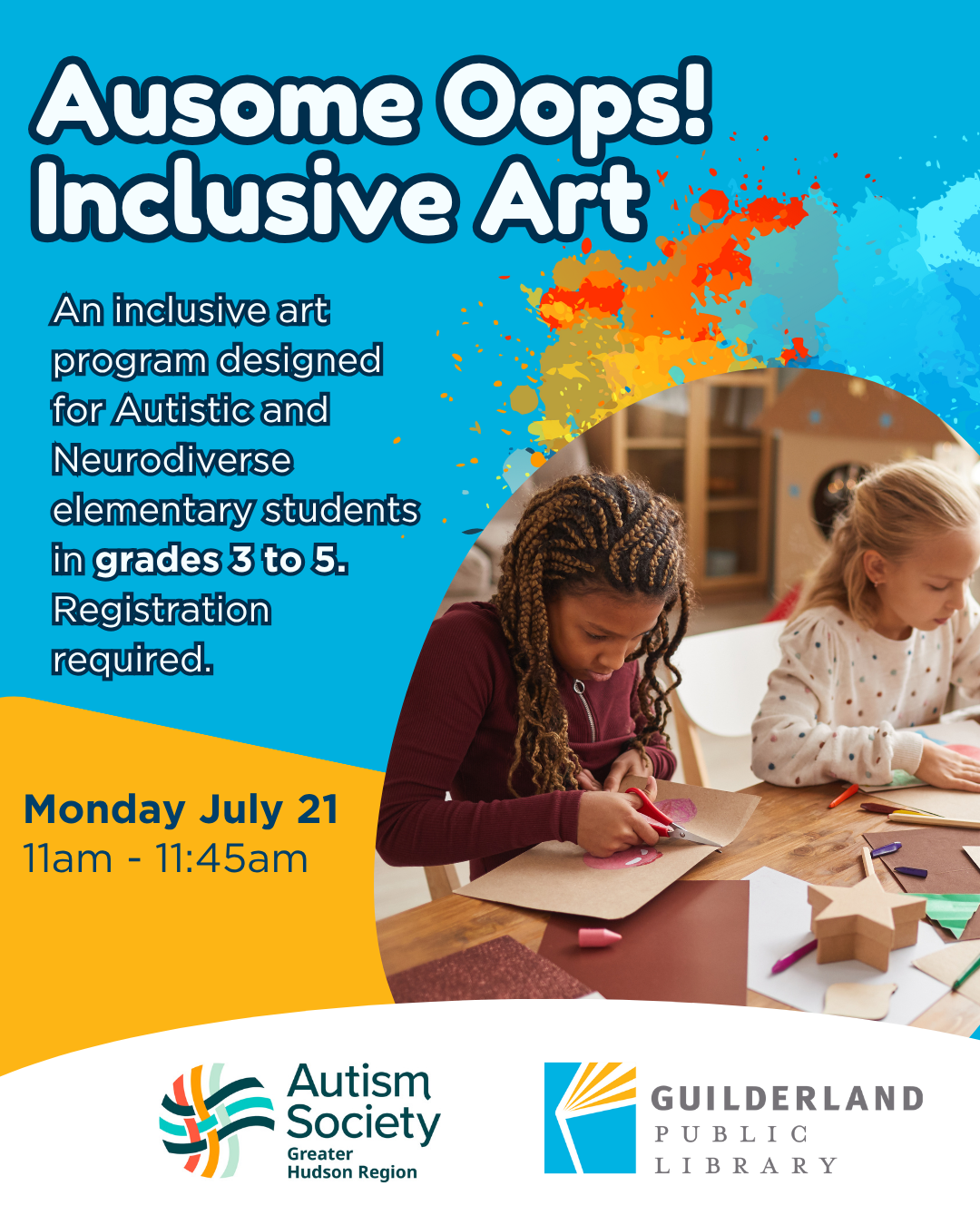 Blue and yellow image with picture of children doing crafts