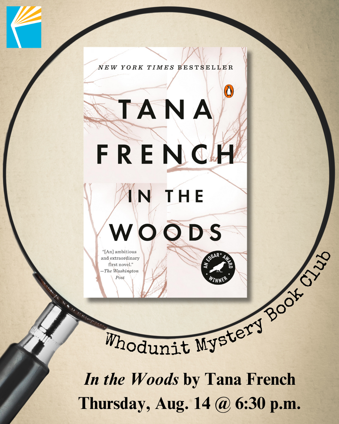 magnifying glass over book cover In the Woods by Tana French