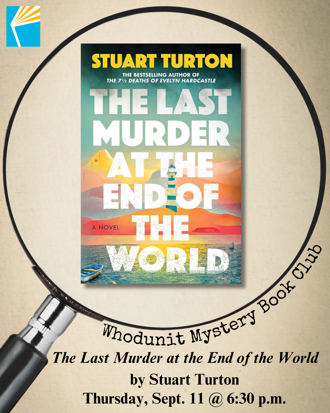 magnifying glass over book cover The Last Murder at the End of the World by Stuart Turton