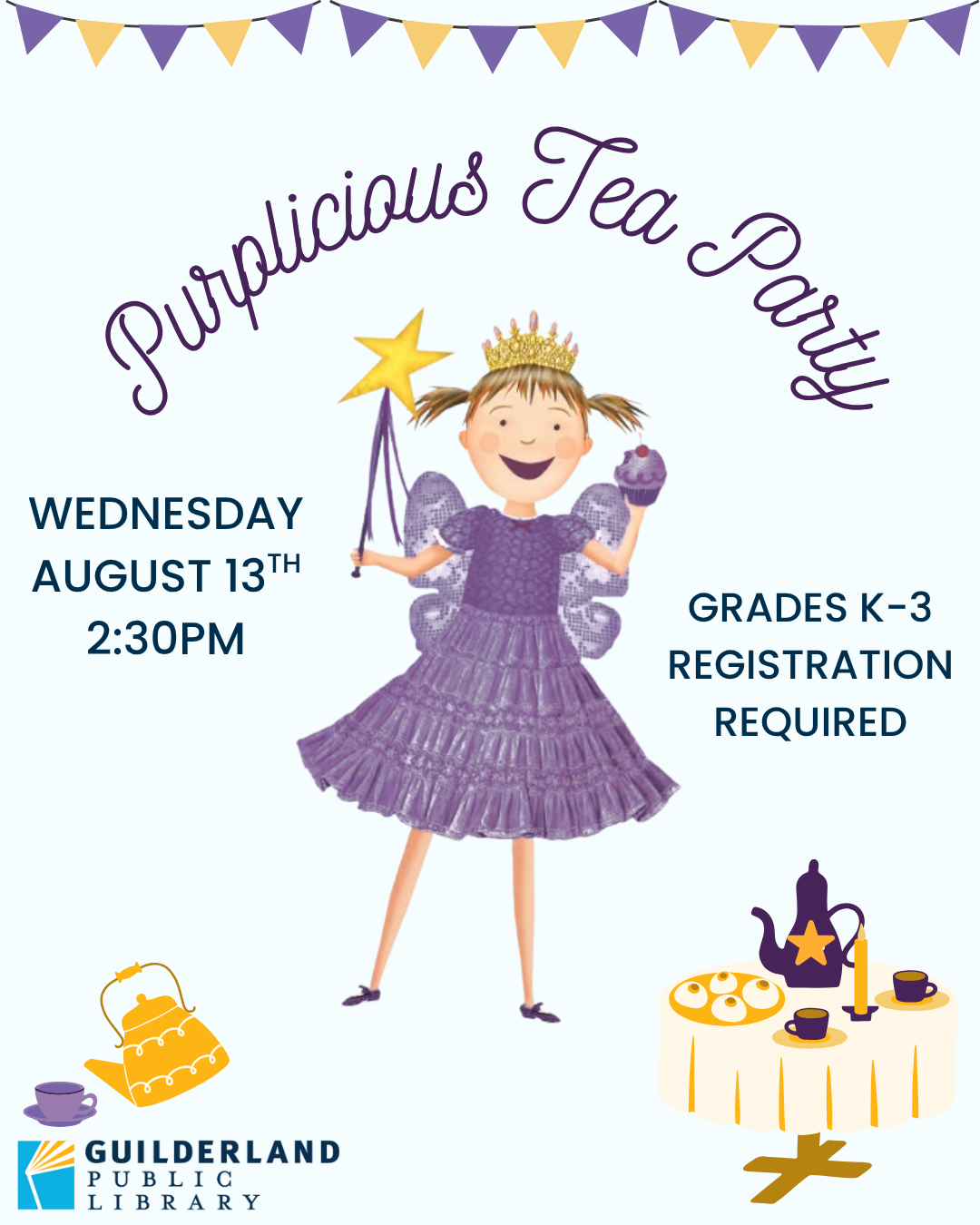 Image of Pinkalicious dressed in purple near a table set for tea.