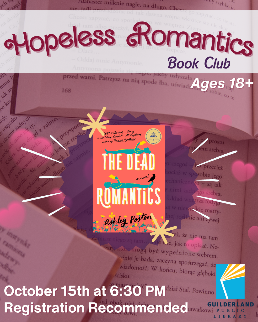 Hopeless Romantics Book Club, Ages 18+, October 15th at 6:30PM, Registration Recommended