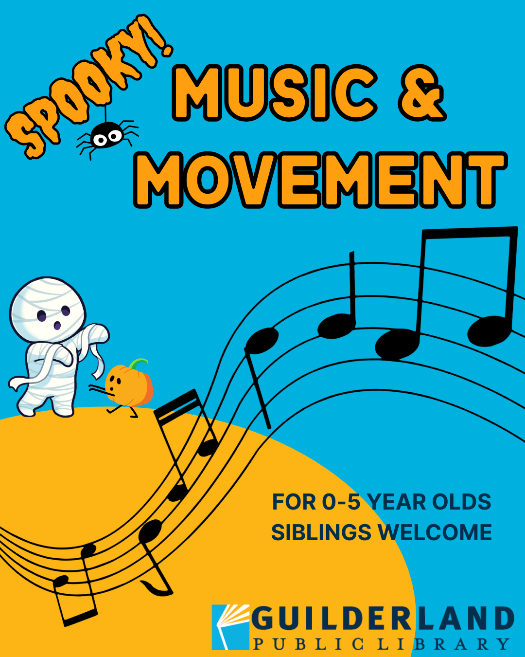 Halloween figures dancing with musical notes