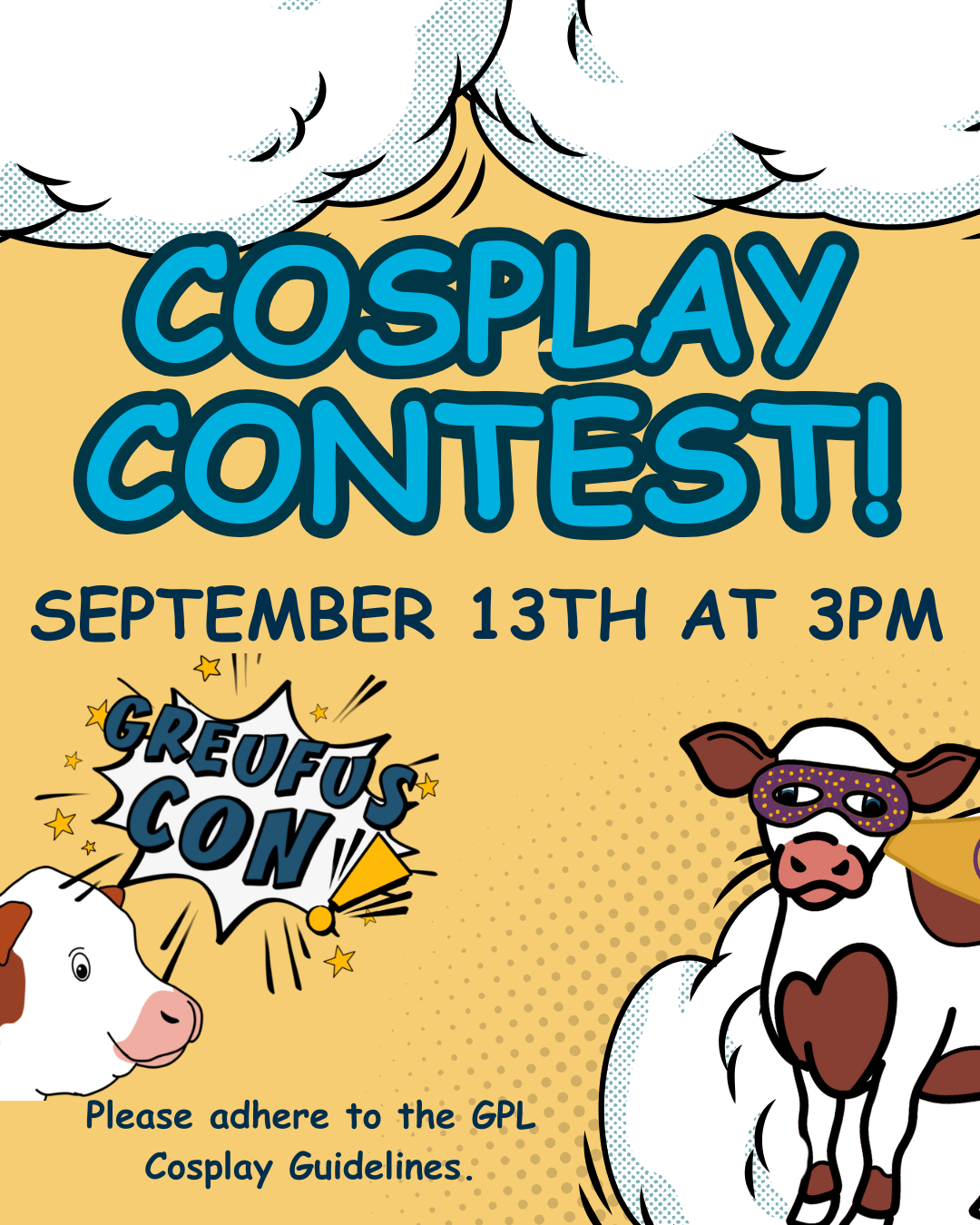 A cow in a costume with "Cosplay Contest" in bold.