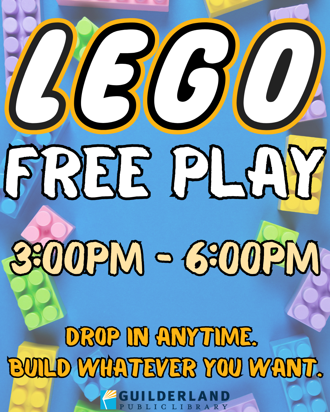 LEGO Free Play promo image. Blue background with various colored Legos along edges. 