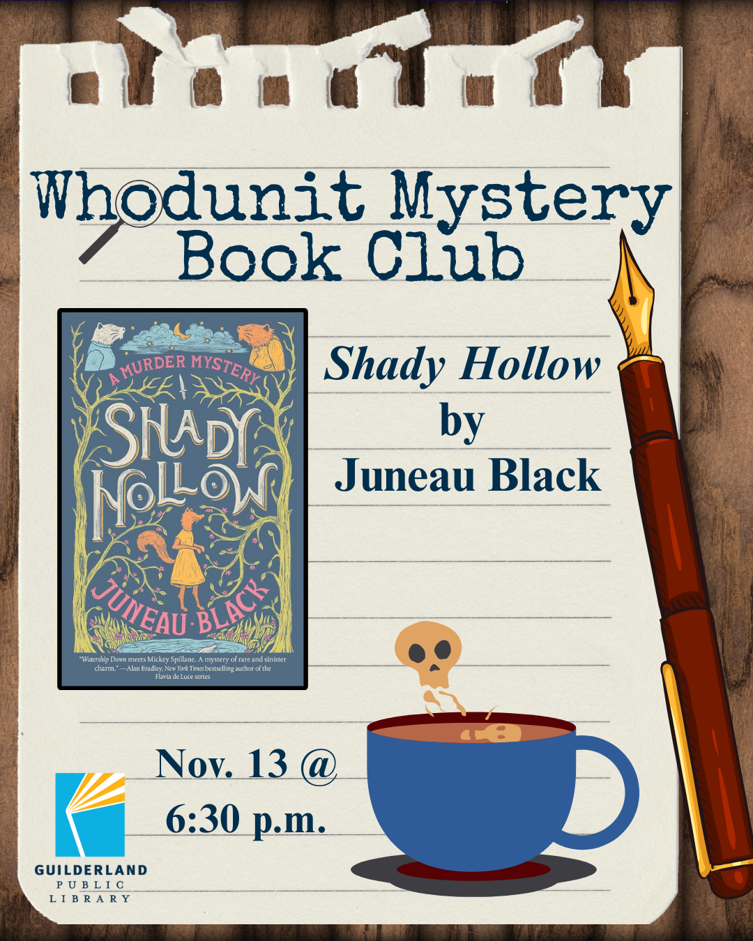 Cover of Shady Hollow by Juneau Black on a notepad paper with a pen and poison tea cup