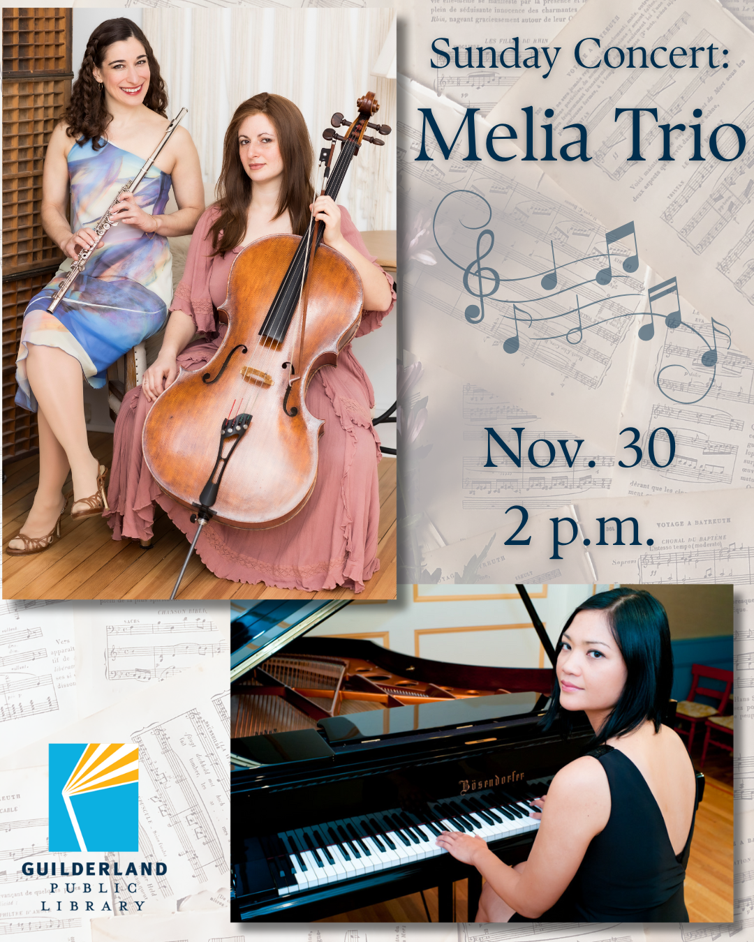 Three woman in formal dress, one holding a flue, one a cello, and one at a piano