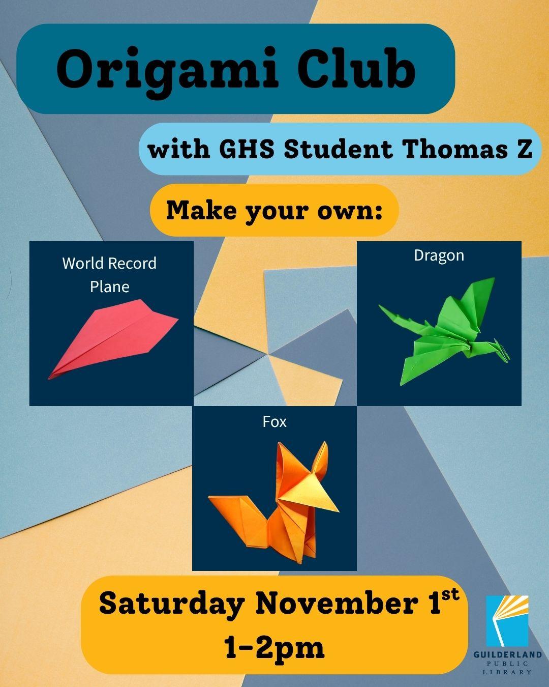 Origami Club with images of a paper airplane, dragon, and a fox