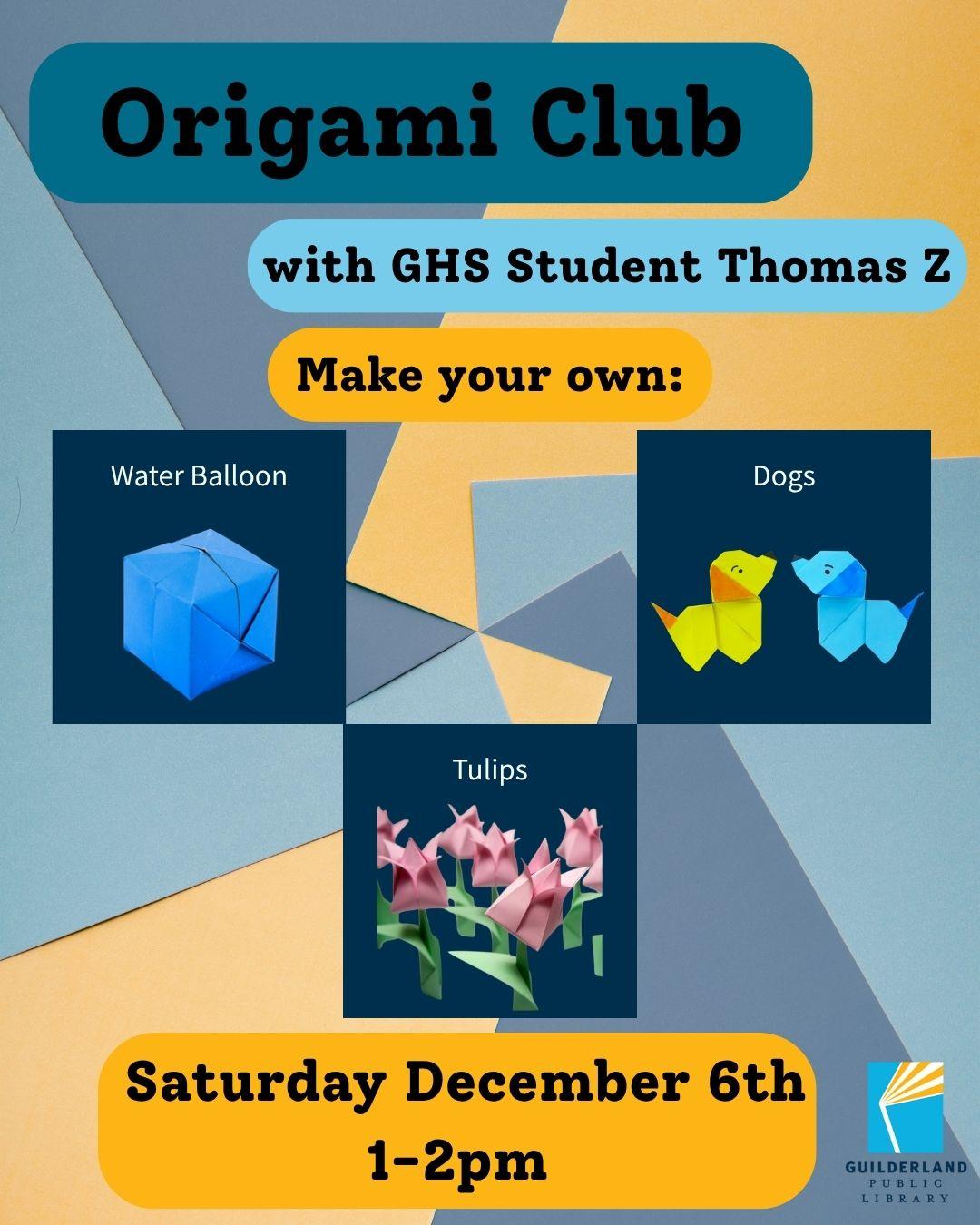 Images of origami water balloon, dogs, and tulips.